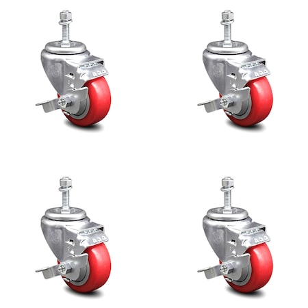 Service Caster 3.5 Inch Red Polyurethane Swivel 3/8 Inch Threaded Stem Caster Set with Brake SCC-TS20S3514-PPUB-RED-TLB-381615-4
